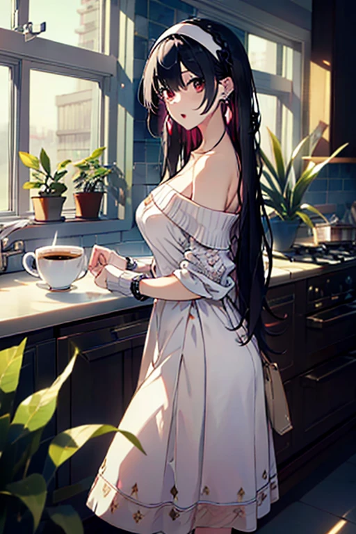 masterpiece, yor, 1girl, Amazing Cleavage:1.3, thin waist, big ass, Raised sexy, medium breast: 1.3 posed cleavage:1.2、solo, looking at viewer, open mouth, have a cup of coffee,black hair, red eyes, dress, bare shoulders, jewelry, collarbone, sidelocks, hairband, earrings, indoors, off shoulder, :o, sweater, arms behind back, plant, short hair with long locks, white hairband, off-shoulder dress, sweater dress, off-shoulder sweater, red sweater, big side hair, very long side hair,is rendered in (masterpiece: 1.2, best quality), with (ultra high resolution) and an exquisite (depth of field). This masterpiece is not only visually stunning but also tells, make of cooking some cakes ,in the kitchen