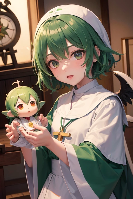 GUMI, (stocky: 1.2), anime, Gospel, Tengu, messy short hair, fortune teller, clear, green hair, Angelic French doll, (Priest: 1.2), poncho