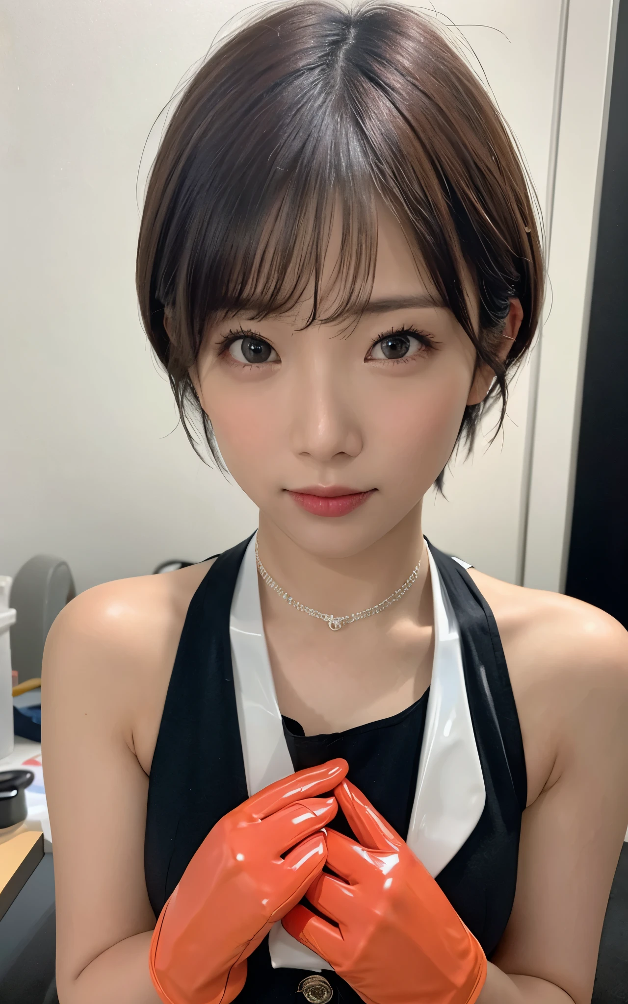 A close up of a woman wearing gloves and a black dress - SeaArt AI