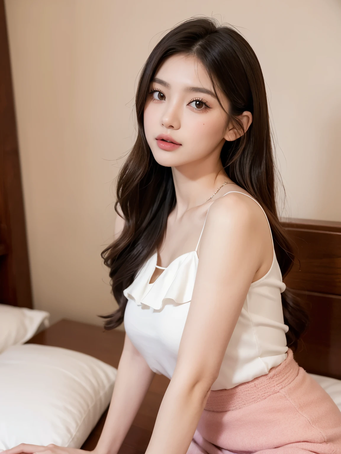 Kim Jennie with white brown hair, con rulos en las puntas, with two bows on each side of the hair, all her hair white brown, with a star clip in her white brown hair, ojos de color claro, ojos bonitos, ojos llorosos, nariz bonita y respingada, nariz lloroso, labios bonitos, labios rosas, heart and cupid shaped lip, piel bonita, pale, piel blanca, con lunares y pecas en todo el rostro, rubor rosa suave en las mejilla, rubor rosa natural, maquillaje suave y rosa, jennie, cuello bonito, cuello marcado, frown, mirada tierna, con un collar de beso, un collar bonito de beso, parecido a Yumeko Jabami, mientras lleva puesto un Crochet YK2, de lana, with a YK2 style brown mini skirt, mientras lleva una casaca con estampados de ositos, mientras tiene el abdomen desnudo, delgado, marcado y bonito, (pechos grandes, pechos suaves, pechos bonitos), mientras esta haciendo cospaly del personaje Yumeko Jabami, del anime Kakegurui, mirando a la camara, autofoto, selfie bonita