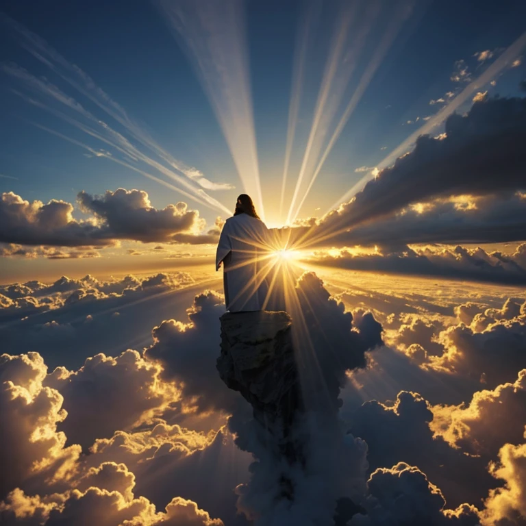 Jesus in the sky between clouds, rays of sun behind him,