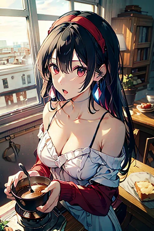masterpiece, yor, 1girl, Amazing Cleavage:1.3, thin waist, big ass, Raised sexy, medium breast: 1.3 posed cleavage:1.2、solo, looking at viewer, open mouth, have a cup of coffee,black hair, red eyes, dress, bare shoulders, jewelry, collarbone, sidelocks, hairband, earrings, indoors, off shoulder, :o, sweater, arms behind back, plant, short hair with long locks, white hairband, off-shoulder dress, sweater dress, off-shoulder sweater, red sweater, big side hair, very long side hair,is rendered in (masterpiece: 1.2, best quality), with (ultra high resolution) and an exquisite (depth of field). This masterpiece is not only visually stunning but also tells, make of cooking some cakes ,in the kitchen