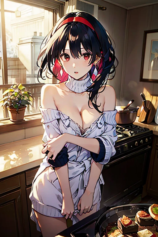 masterpiece, yor, 1girl, Amazing Cleavage:1.3, thin waist, big ass, Raised sexy, medium breast: 1.3 posed cleavage:1.2、solo, looking at viewer, open mouth, have a cup of coffee,black hair, red eyes, dress, bare shoulders, jewelry, collarbone, sidelocks, hairband, earrings, indoors, off shoulder, :o, sweater, arms behind back, plant, short hair with long locks, white hairband, off-shoulder dress, sweater dress, off-shoulder sweater, red sweater, big side hair, very long side hair,is rendered in (masterpiece: 1.2, best quality), with (ultra high resolution) and an exquisite (depth of field). This masterpiece is not only visually stunning but also tells, make of cooking some cakes ,in the kitchen