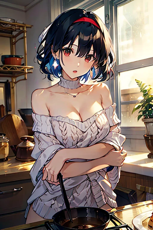 masterpiece, yor, 1girl, Amazing Cleavage:1.3, thin waist, big ass, Raised sexy, medium breast: 1.3 posed cleavage:1.2、solo, looking at viewer, open mouth, have a cup of coffee,black hair, red eyes, dress, bare shoulders, jewelry, collarbone, sidelocks, hairband, earrings, indoors, off shoulder, :o, sweater, arms behind back, plant, short hair with long locks, white hairband, off-shoulder dress, sweater dress, off-shoulder sweater, red sweater, big side hair, very long side hair,is rendered in (masterpiece: 1.2, best quality), with (ultra high resolution) and an exquisite (depth of field). This masterpiece is not only visually stunning but also tells, make of cooking some cakes ,in the kitchen