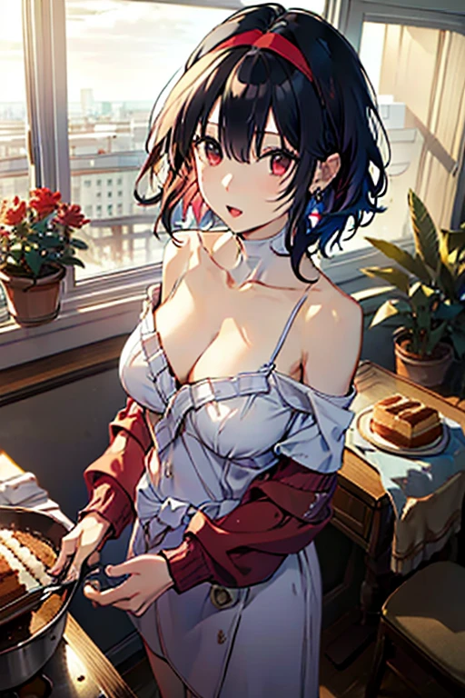 masterpiece, yor, 1girl, Amazing Cleavage:1.3, thin waist, big ass, Raised sexy, medium breast: 1.3 posed cleavage:1.2、solo, looking at viewer, open mouth, have a cup of coffee,black hair, red eyes, dress, bare shoulders, jewelry, collarbone, sidelocks, hairband, earrings, indoors, off shoulder, :o, sweater, arms behind back, plant, short hair with long locks, white hairband, off-shoulder dress, sweater dress, off-shoulder sweater, red sweater, big side hair, very long side hair,is rendered in (masterpiece: 1.2, best quality), with (ultra high resolution) and an exquisite (depth of field). This masterpiece is not only visually stunning but also tells, make of cooking some cakes ,in the kitchen