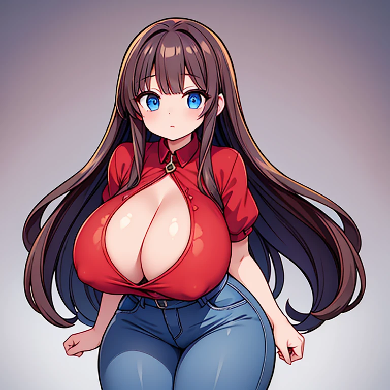 Beautiful Young Girl, Long Brunette Hair, Beautiful Blue Eyes, wearing a Red Shirt and worn Jeans, very huge hips, big butt, excessively enormous thighs, extremely thick thighs, Excessively Exaggerated , unnecessarily Excessively Huge Breasts, big cleavage,