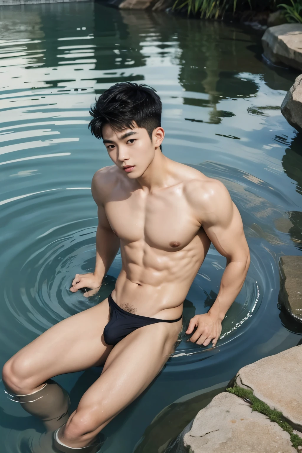1boy,asian young man, muscular,twink,normal body, in the water ,