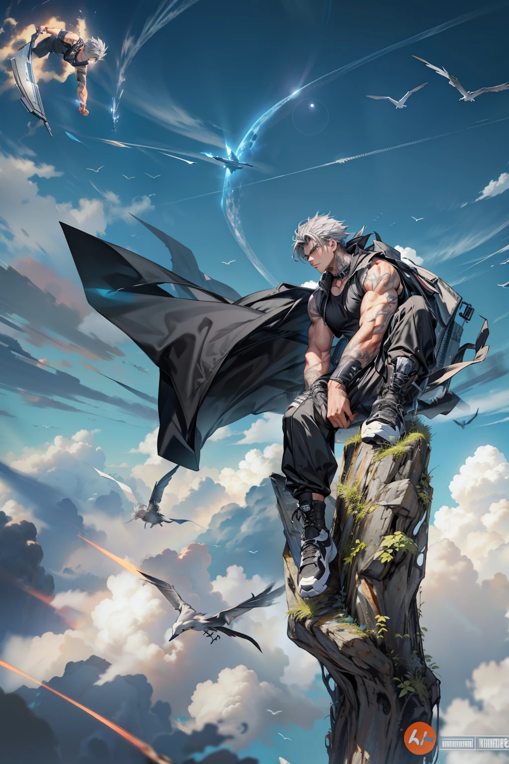 boys 26 Years old, Serious face, wearing black sleeveless shirt, black pants, gray hair, levitate on sky, blue sky, cloud
