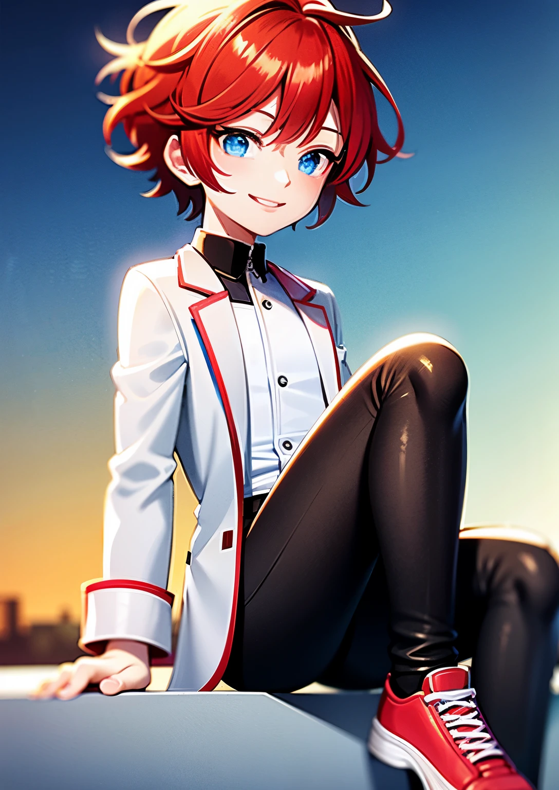Focus male,red hair,blue cyan eyes,wearing white jacket,4k,face detail,Black shoes,smile 1.1,black short pants,, light skin,little boy,happy