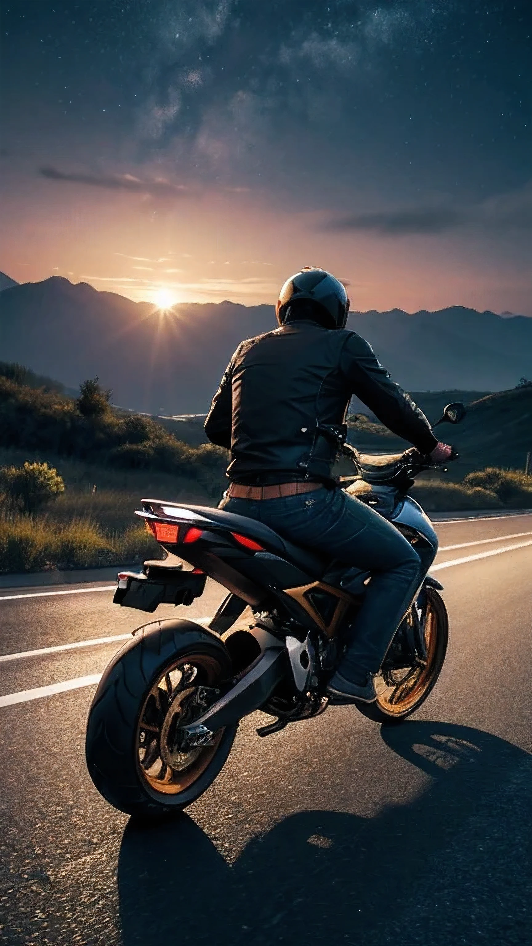 Man riding a two wheeler, back view, life is a dream, met goddess, night view, empty road, highway, hyper HD, correct, textured scenery, Super detail, High details, High quality, High resolution, 8K, hyper HD, Textured scenery, Super detail, High details, High quality, Best quality, 8K, realistic.
