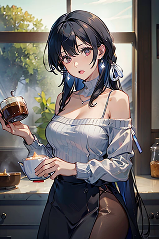 masterpiece, yor, 1girl, Amazing Cleavage:1.3, thin waist, big ass, Raised sexy, medium breast: 1.3 posed cleavage:1.2、solo, looking at viewer, open mouth, have a cup of coffee,black hair, red eyes, dress, bare shoulders, jewelry, collarbone, sidelocks, hairband, earrings, indoors, off shoulder, :o, sweater, arms behind back, plant, short hair with long locks, white hairband, off-shoulder dress, sweater dress, off-shoulder sweater, red sweater, big side hair, very long side hair,is rendered in (masterpiece: 1.2, best quality), with (ultra high resolution) and an exquisite (depth of field). This masterpiece is not only visually stunning but also tells, make of cooking some cakes ,in the kitchen