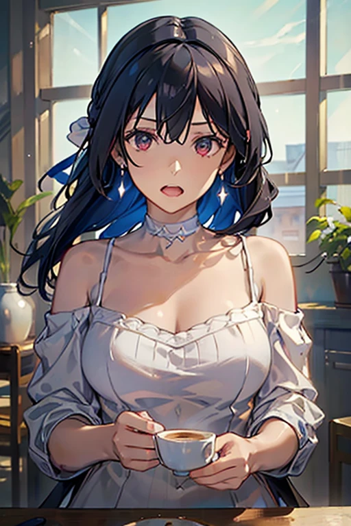 masterpiece, yor, 1girl, Amazing Cleavage:1.3, thin waist, big ass, Raised sexy, medium breast: 1.3 posed cleavage:1.2、solo, looking at viewer, open mouth, have a cup of coffee,black hair, red eyes, dress, bare shoulders, jewelry, collarbone, sidelocks, hairband, earrings, indoors, off shoulder, :o, sweater, arms behind back, plant, short hair with long locks, white hairband, off-shoulder dress, sweater dress, off-shoulder sweater, red sweater, big side hair, very long side hair,is rendered in (masterpiece: 1.2, best quality), with (ultra high resolution) and an exquisite (depth of field). This masterpiece is not only visually stunning but also tells, make of cooking some cakes ,in the kitchen