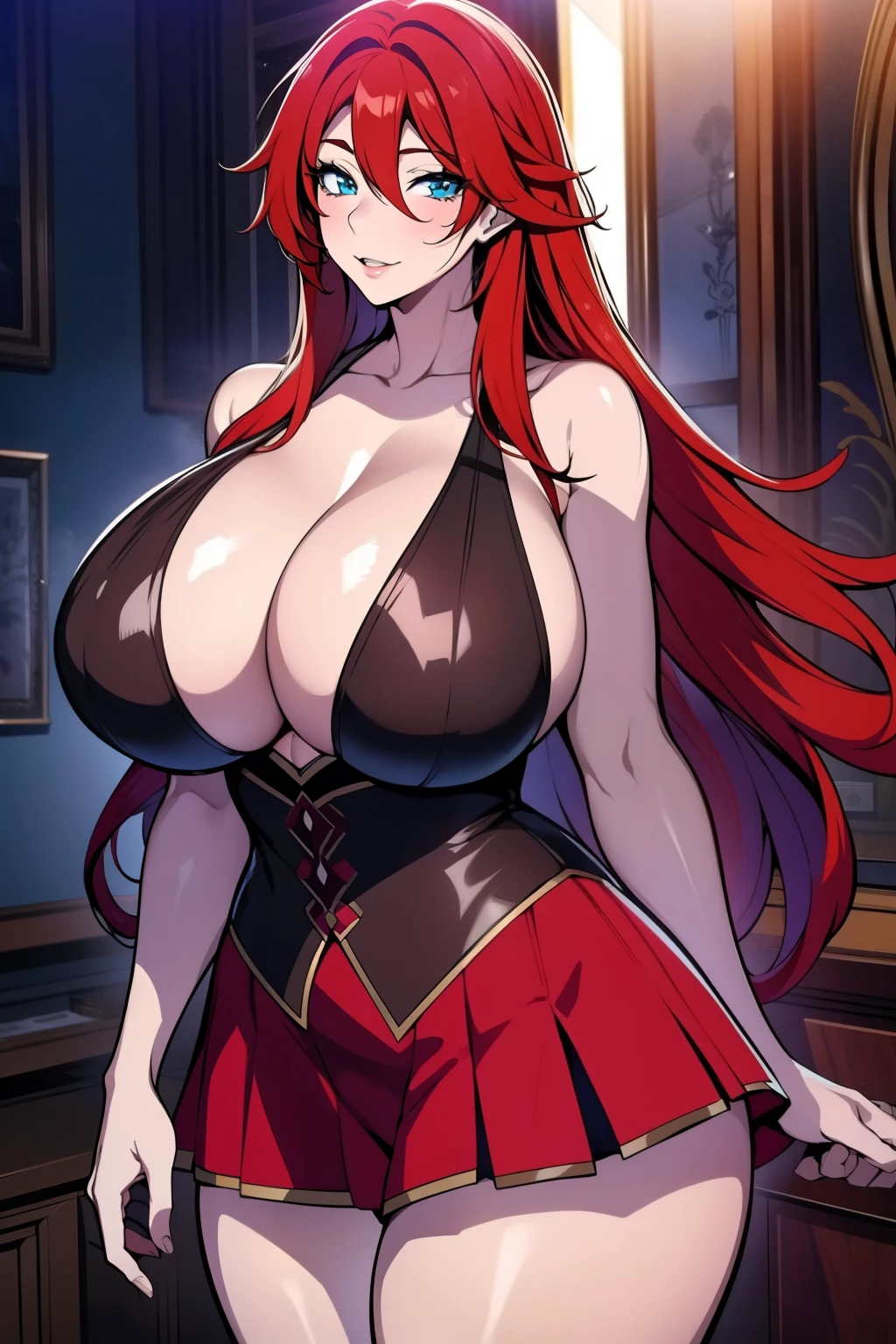 An anime-style artwork depicting rias gremory from the anime from the anime High School DxD
Tags: from the anime High School DxD, , (minidress:1.1), red hair, blue eyes, looking at viewer, long hair , anime, detailed eyes, detailed lips, ass, 1girl, solo, huge breasts, smiling expression, intense gaze, dynamic pose, indoor, palace, vibrant colors, digital art, high-resolution, professional quality, gigantic breasts, cleavage), curvy, cowboy shot, (gigantic breasts: 1.4),