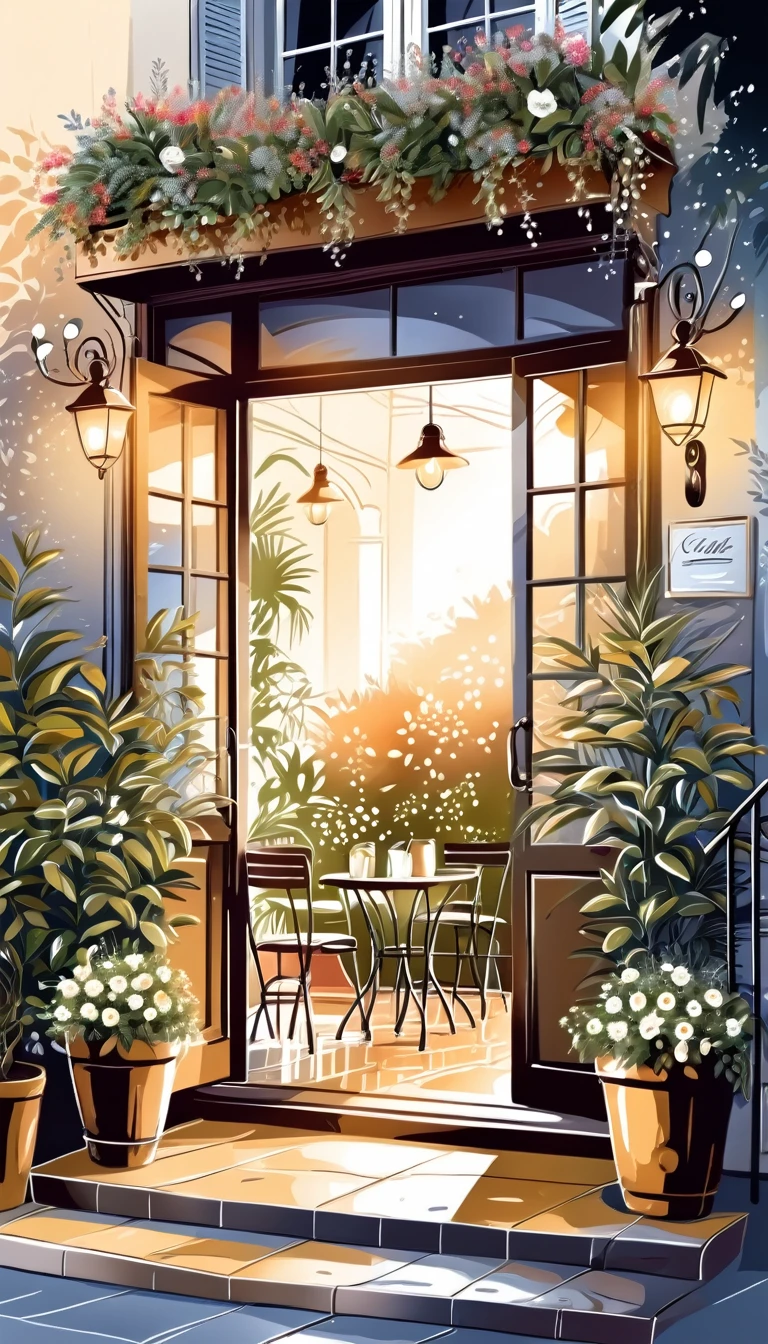 Hand drawn illustration of outdoor cafe entrance with aromatic coffee, delicate and elegant decoration.Flores y plantas frescas y brillantes..Muy detallado,textura de tono.Contraste evidente de luces y sombras.