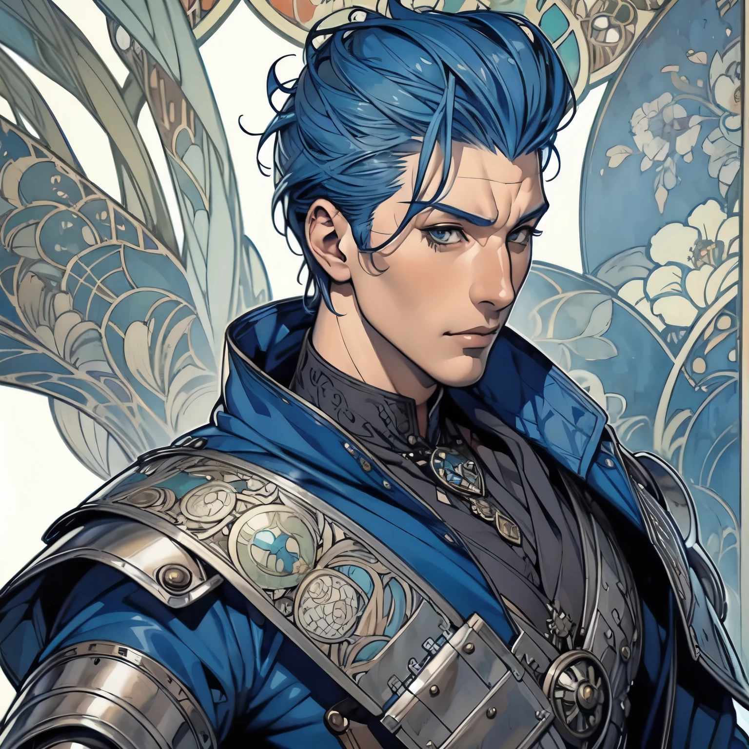 ((Detailed face)),((Mucha's style)),(portrait),((1 male)),blue hair,pompadour,((Heavily armoured warrior)), (cowboy shot:1.2)
