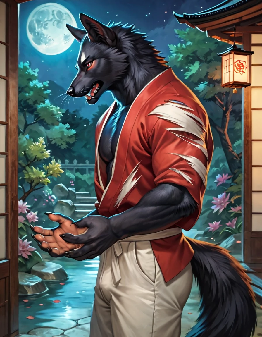 score_9, score_8_up, score_7_up, score_6_up, score_5_up, score_4_up, (solo), male anthro black kitsune mid transformation, solo, masterpiece, best art, detailed hands, japanese garden, pleasured expression, night, moon, looking at self, muscular, body hair, snout, side view, torn kimono, black fur