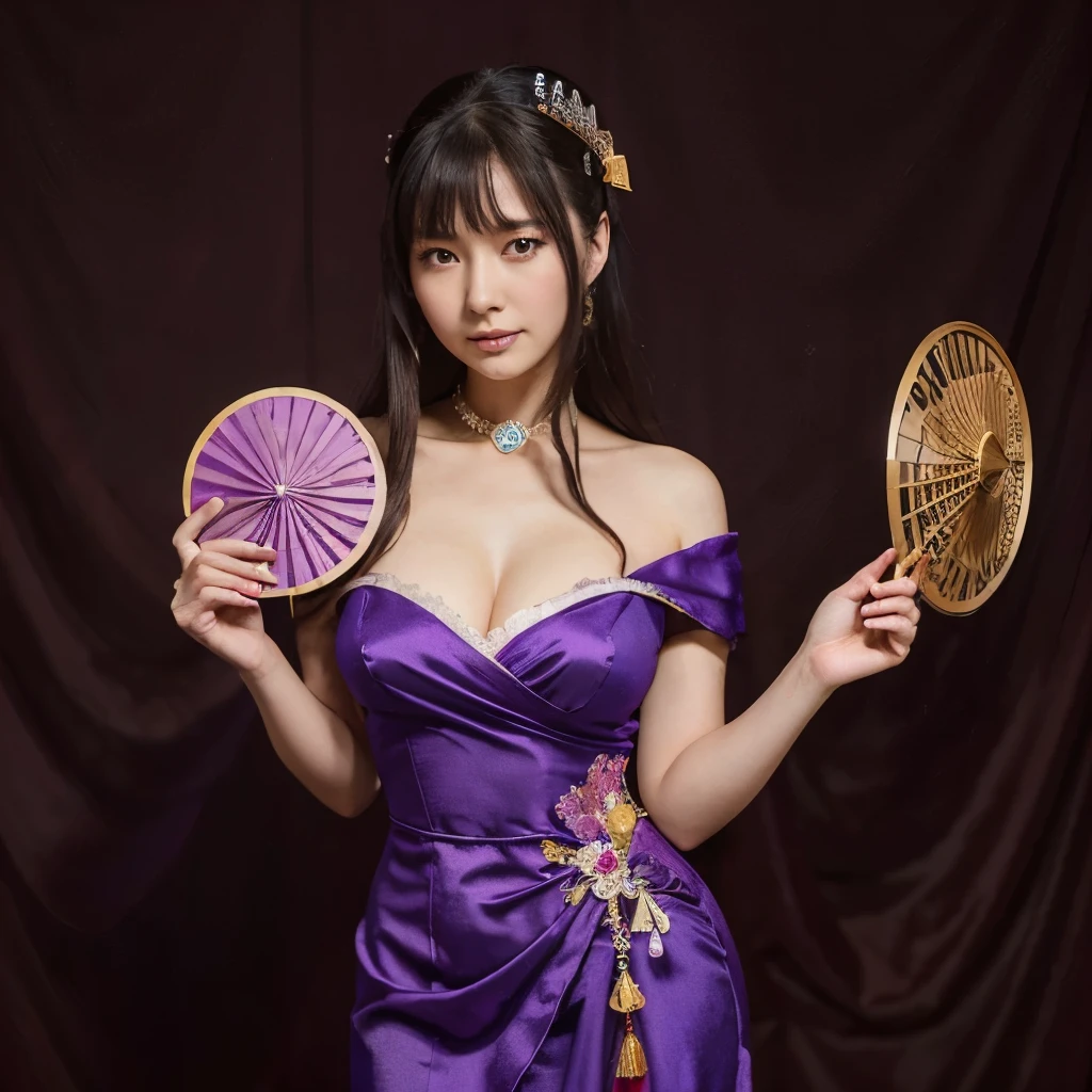 a woman in a purple dress holding a fan and a fan, maya fey from ace attorney, a beautiful fantasy empress, ((a beautiful fantasy empress)), inspired by Nishikawa Sukenobu, shalltear from overlord, misato katsuragi, illustrious makinami, chinese empress, high detailed official artwork, from sengoku period, onmyoji portrait