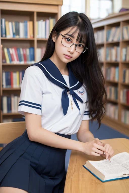 (8k, RAW Photos, Realistic: 1.25), masterpiece, highest quality, Ultra HD, Very beautiful and elegant Japanese woman, 15 years old, i always wear glasses, Beautiful black hair, Beautiful Skin, Slim body, Realisticで詳細な日本の高校の, Sailor suit, Navy Pleated Skirt,Realistic and detailed school library, Reading a book in the library, Random Pause, Accurate anatomy