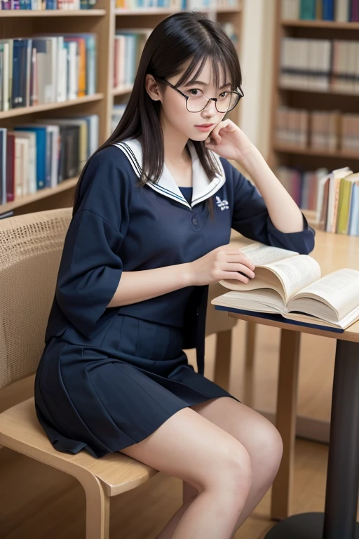 (8k, RAW Photos, Realistic: 1.25), masterpiece, highest quality, Ultra HD, Very beautiful and elegant Japanese woman, , i always wear glasses, Beautiful black hair, Beautiful Skin, Slim body, Realisticで詳細な日本の高校の, Sailor suit, Navy Pleated Skirt,Realistic and detailed school library, Reading a book in the library, Random Pause, Accurate anatomy