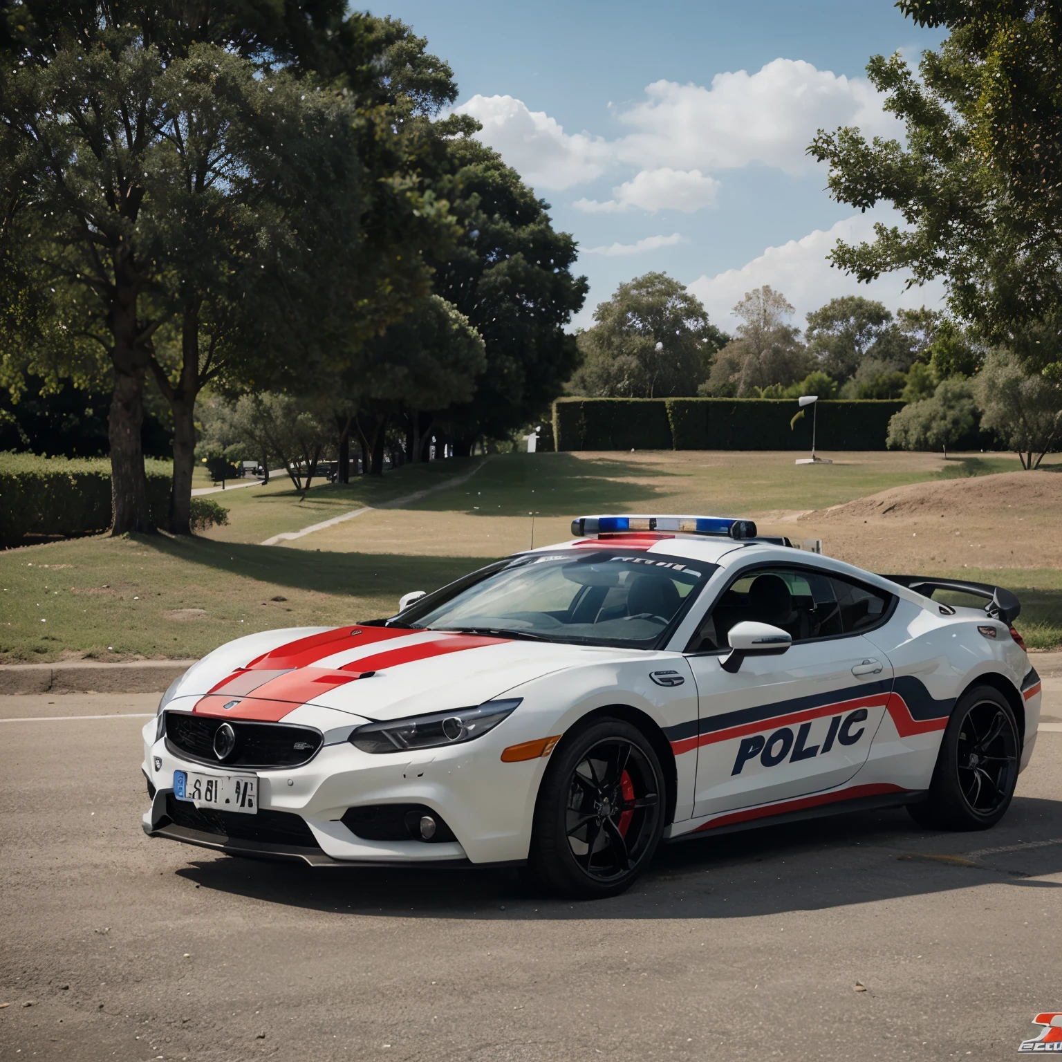 White police sports car, con detalles negros y rojos 