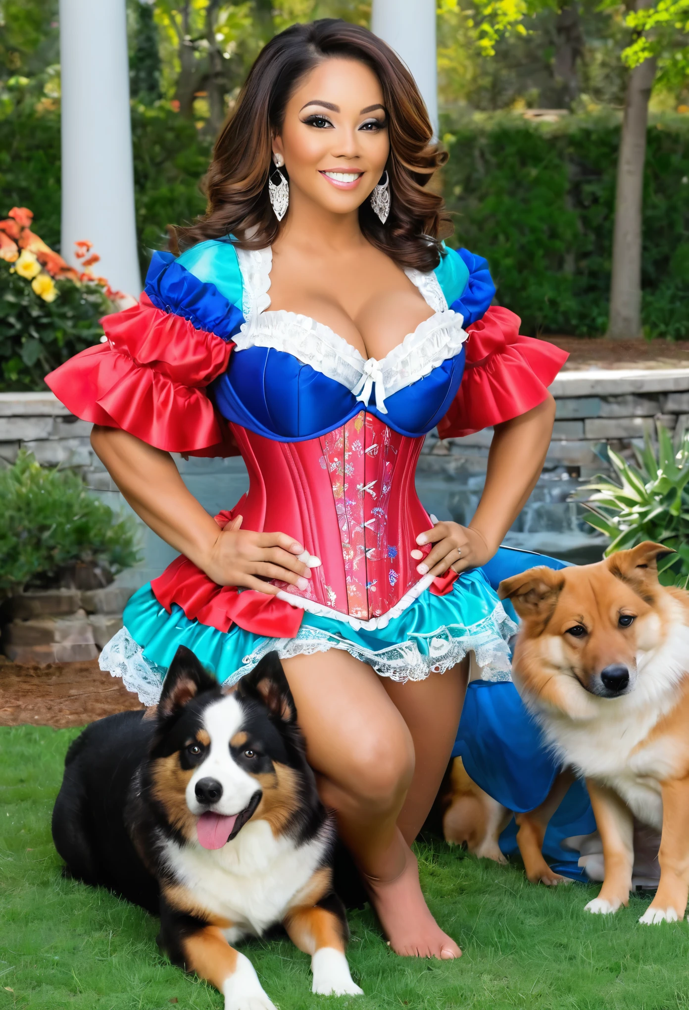 A beautiful curvy busty mature Colombian lady dressed in colorful sexy corset spanking a dog in a park