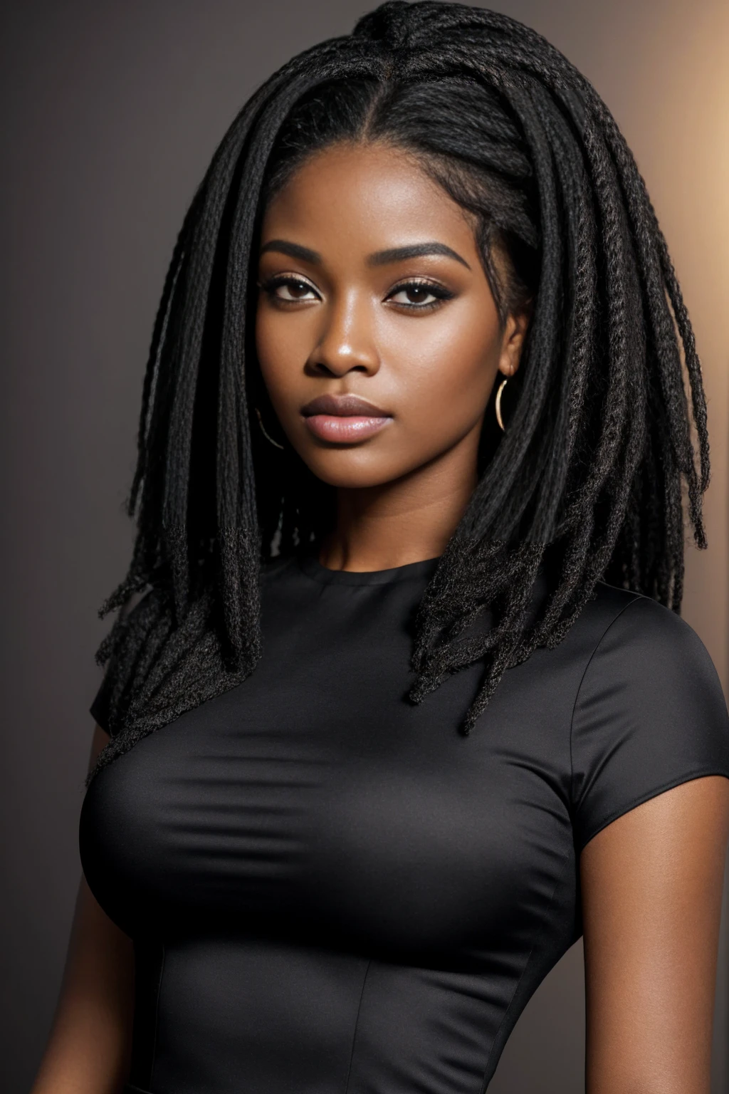 The prompt generated by um evento importante is:
"beautiful black woman with long natural black hair,best quality,4k,8k,highres,masterpiece:1.2,ultra-detailed,realistic eyes and face,long eyelashes,detailed lips,glamorous,portrait, big breasts,studio lighting,vivid colors,healthy glowing skin,wearing elegant dress,confident posture"