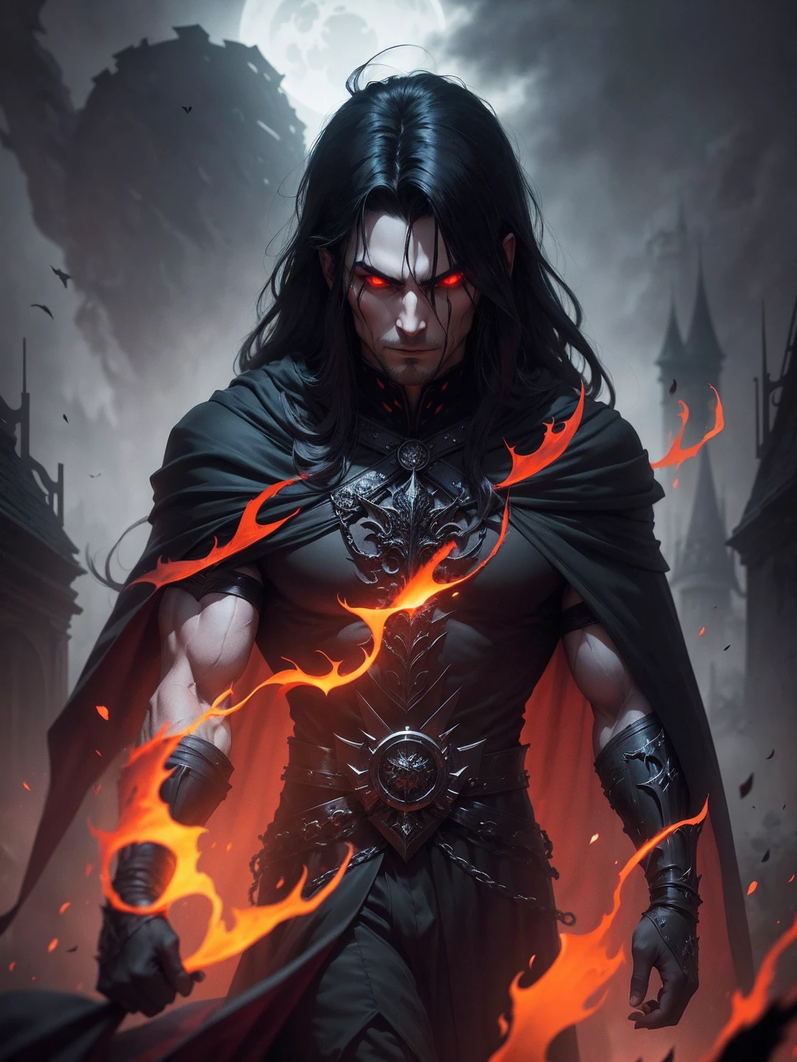 a dark muscular male evil lord, long flowing black hair, black and red cloak, piercing red eyes, menacing expression, powerful aura, standing in a dimly lit chamber,, casting eerie shadows, , adorned with intricate details, with a sinister grin, exuding an aura of darkness, with an intimidating presence, in a gothic castle, with imposing architecture, shrouded in mist, under a blood-red moon, with a storm brewing in the background, creating a foreboding atmosphere, reminiscent of a dark fantasy novel cover, with a dramatic lighting, emphasizing the contrast between light and shadow, evoking a sense of mystery and danger, with a touch of supernatural elements and captivating artistry." backwards, looking back