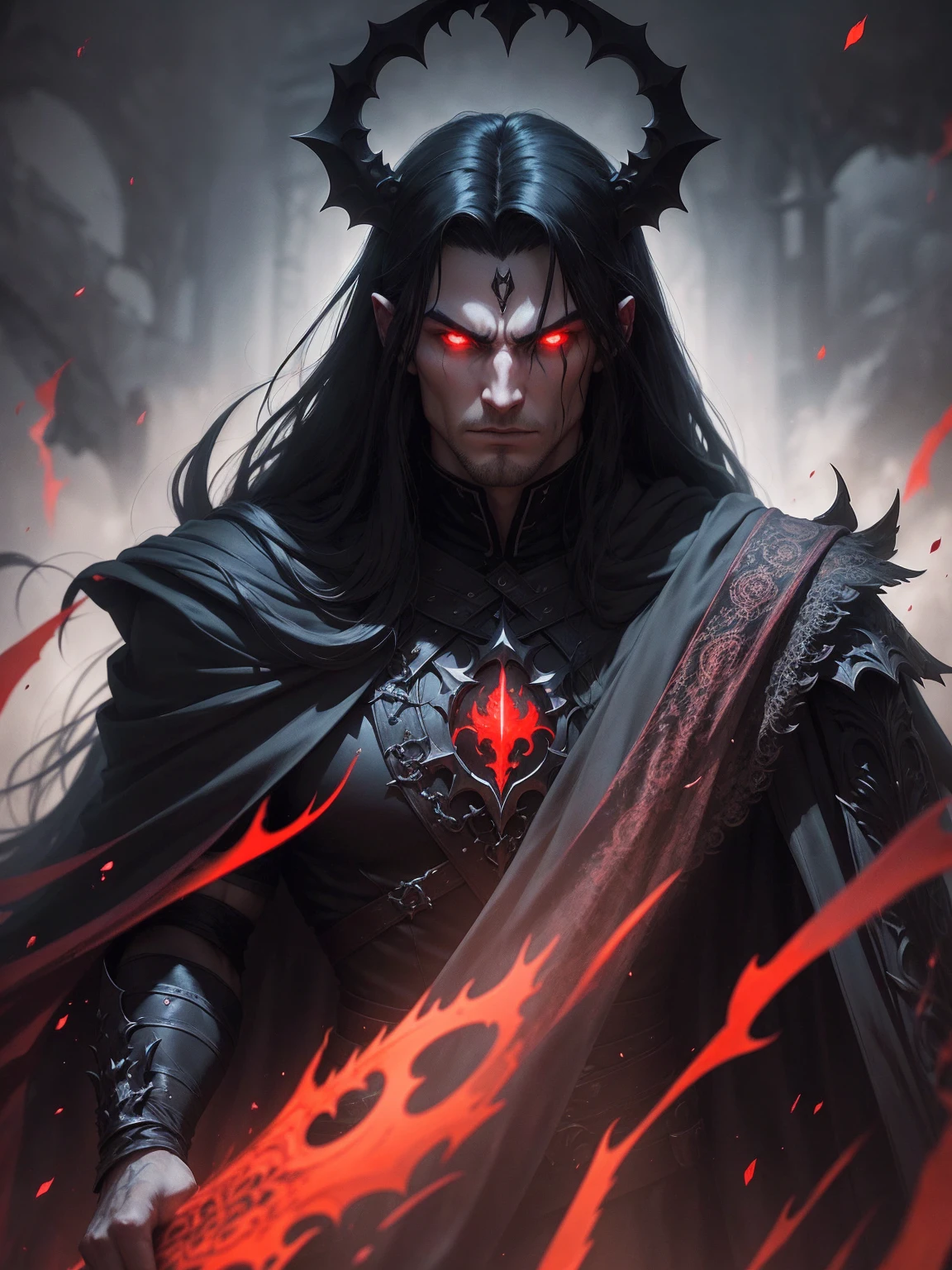 a dark muscular male evil lord, long flowing black hair, black and red cloak, piercing red eyes, menacing expression, powerful aura, standing in a dimly lit chamber,, casting eerie shadows, , adorned with intricate details, with a sinister grin, exuding an aura of darkness, with an intimidating presence, in a gothic castle, with imposing architecture, shrouded in mist, under a blood-red moon, with a storm brewing in the background, creating a foreboding atmosphere, reminiscent of a dark fantasy novel cover, with a dramatic lighting, emphasizing the contrast between light and shadow, evoking a sense of mystery and danger, with a touch of supernatural elements and captivating artistry." backwards, looking back