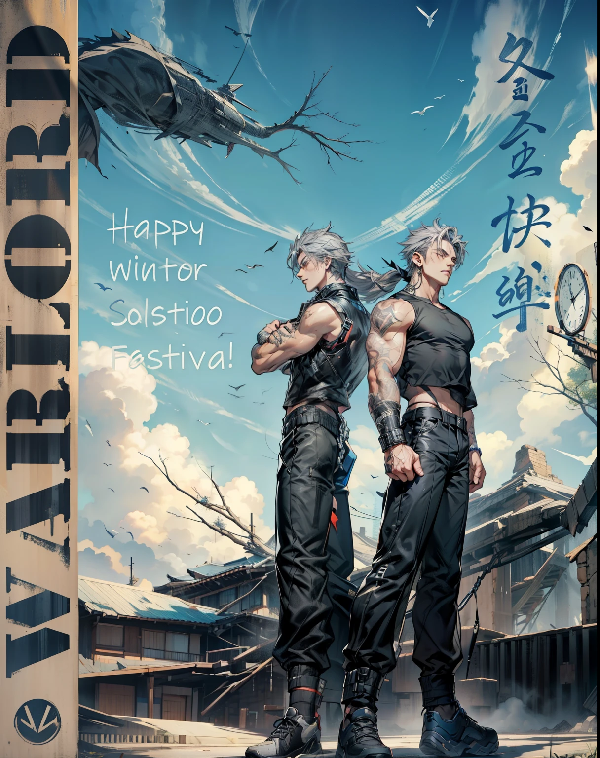 boys 26 Years old, Serious face, wearing black sleeveless shirt, black pants, gray hair, levitate on sky, blue sky, cloud