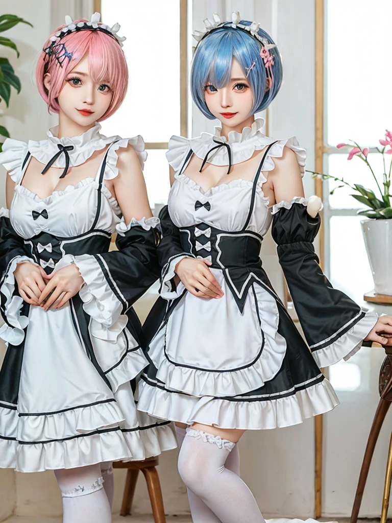 (8K, Photorealistic, Raw photo, of the highest quality: 1.3), (1girl in), Super beautiful, (Realistic face), (boyish, pink Color Berry Shorthair), Beautiful , Glare that captivates the viewer, Beautiful expression, Beautiful breasts, (Realistic skin), Be...Create a detailed and colorful image of Ram and Rem from Re:Zero, standing back-to-back in their maid outfits, with a magical fantasy background、14years old, two girls,cute, perfect face, beautiful, nice body, gothic ta clothes, gothic loliashion, frilly skirt, headdress, necklace, bracelet, knee-high socks, boots, double eyelids, tear bags, Detailed down to the fingers, photo-like description, indoors, dim indoor lighting, one girl is pink hair and short bob, another girl is light blue hair and short bob,standing,whole body, composition that shows the whole body, smiling,The Both of them are wearing the same type of maid outfit,Optimal ratio of 4 fingers and 1 thumb