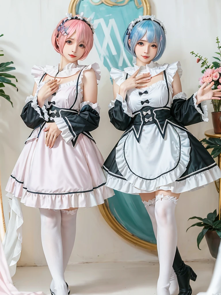 (8K, Photorealistic, Raw photo, of the highest quality: 1.3), (1girl in), Super beautiful, (Realistic face), (boyish, pink Color Berry Shorthair), Beautiful , Glare that captivates the viewer, Beautiful expression, Beautiful breasts, (Realistic skin), Be...Create a detailed and colorful image of Ram and Rem from Re:Zero, standing back-to-back in their maid outfits, with a magical fantasy background、14years old, two girls,cute, perfect face, beautiful, nice body, gothic lolita clothes, gothic lolita fashion, frilly skirt, headdress, necklace, bracelet, knee-high socks, boots, double eyelids, tear bags, Detailed down to the fingers, photo-like description, indoors, dim indoor lighting, one girl is pink hair and short bob, another girl is light blue hair and short bob,standing,whole body, composition that shows the whole body, smiling,The Both of them are wearing the same type of maid outfit,Optimal ratio of 4 fingers and 1 thumb