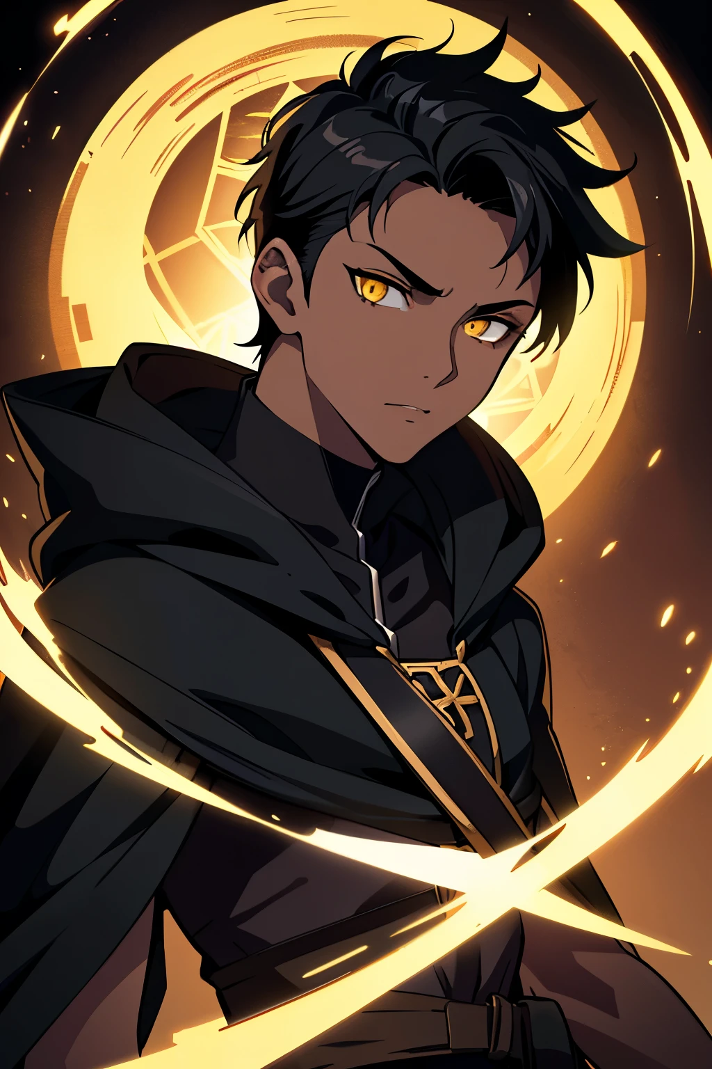 (high-quality, breathtaking),(expressive eyes, perfect face) 1boy, male, solo, young adult, black hair, yellow eyes, (short spiky hairstyles) short hair length, (dark skin), soft serious expression, Archer profession, thief attire, well built body, pants, Black leather armor, cloak and dagger, environment background, fantasy clothing, fantasy attire, DnD rogue Class, half body, black and brown clothing palette, ((tan skin color)), rogue, bandage wrapped forearms, fantasy, (big Stigmata), character focus, ((black light)),((dark lighting)), cinematic lighting ,(darkness), (concept art), (glowing eyes), high resolution, extremely detailed CG unity 8k wallpaper, ((masterpiece)), ((top-quality)), (beautiful illustration), ((an extremely delicate and beautiful)), (masterpiece, Best quality, ultra high resolution), glowing yellow eyes, Luminous_eyes, ultra detailed eyes, Beautiful and detailed face, detailed eyes, (Centered, torso), (wide shot:0.9), facing the viewer, Eye level, (1 small black horn on top of head), white Chinese dragon in the background