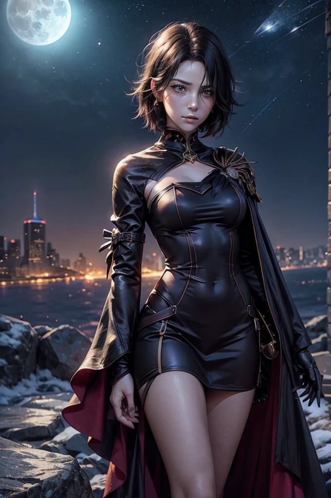 stunning girlfriend, heart shaped face, elegant face, beautiful face, highly detailed face, highly detailed skin, skin pores, subsurface scattering, realistic pupils, full lips, detailed background, depth of field, atmospheric perspective, volumetric lighting, sharp focus, absurdres, realistic proportions, good anatomy, (realistic, hyperrealistic:1.4), 16k hdr, cinderfall2023, best quality, masterpiece, 1girl, anime style, grey coat, bandages, night, stars, moonlight, standing, on mountain side, crowd