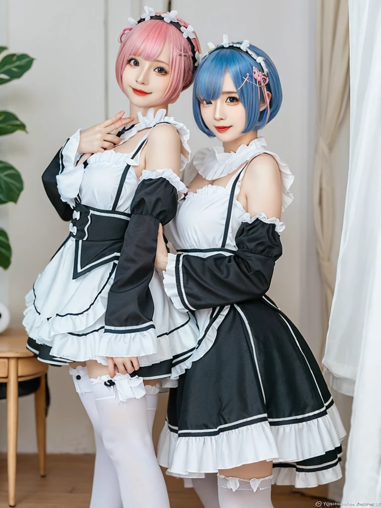 (8K, Photorealistic, Raw photo, of the highest quality: 1.3), (1girl in), Super beautiful, (Realistic face), (boyish, pink Color Berry Shorthair), Beautiful , Glare that captivates the viewer, Beautiful expression, Beautiful breasts, (Realistic skin), Be...Create a detailed and colorful image of Ram and Rem from Re:Zero, standing back-to-back in their maid outfits, with a magical fantasy background、ars old, two girls,cute, perfect face, beautiful, nice body, gothic lolita clothes, gothic lolita fashion, frilly skirt, headdress, necklace, bracelet, knee-high socks, boots, double eyelids, tear bags, Detailed down to the fingers, photo-like description, indoors, dim indoor lighting, one girl is pink hair and short bob, another girl is light blue hair and short bob,standing, sexy posing,whole body, composition that shows the whole body, smiling,The Both of them are wearing the same type of maid outfit,Optimal ratio of 4 fingers and 1 thumb