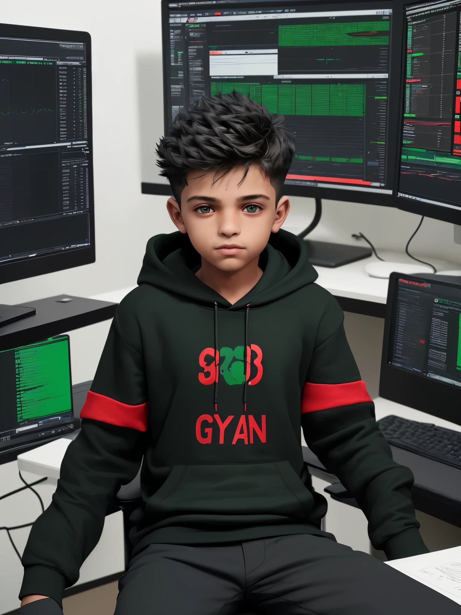 Create A 3D Realistic image of a Boy sitting in trading room on trading chair and working on application on his pc. The boy must wear black hoodie And his name "Gyan" is Written on the hoodie with red& green colour.