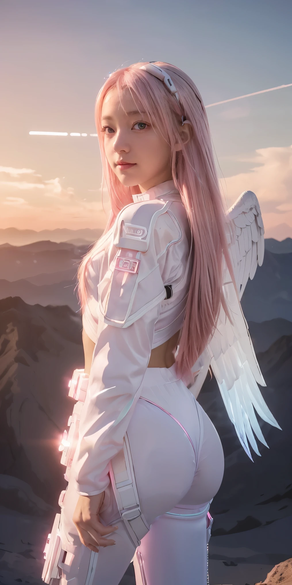 ((masterpiece, best quality, extremely detailed), volumetric lighting, ambient occlusion, colorful, glowing), 
1girl, solo, young girl, (pink hair), long hair, halo, aura, sacred, godness, cyber suit, (white outfit:1.3), android, bot, angel wings,
outdoors, sunset, sky, clouds, space, (cyberpunk theme:1.2),