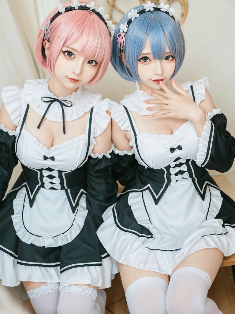 (8K, Photorealistic, Raw photo, of the highest quality: 1.3), (1girl in), Super beautiful, (Realistic face), (boyish, pink Color Berry Shorthair), Beautiful , Glare that captivates the viewer, Beautiful expression, Beautiful breasts, (Realistic skin), Be...Create a detailed and colorful image of Ram and Rem from Re:Zero, standing back-to-back in their maid outfits, with a magical fantasy background、14years old, two girls,cute, perfect face, beautiful, nice body, gothic lolita clothes, gothic lolita fashion, frilly skirt, headdress, necklace, bracelet, knee-high socks, boots, double eyelids, tear bags, Detailed down to the fingers, photo-like description, indoors, dim indoor lighting, one girl is pink hair and short bob, another girl is light blue hair and short bob,standing,whole body, composition that shows the whole body, smiling,The Both of them are wearing the same type of maid outfit,Optimal ratio of 4 fingers and 1 thumb