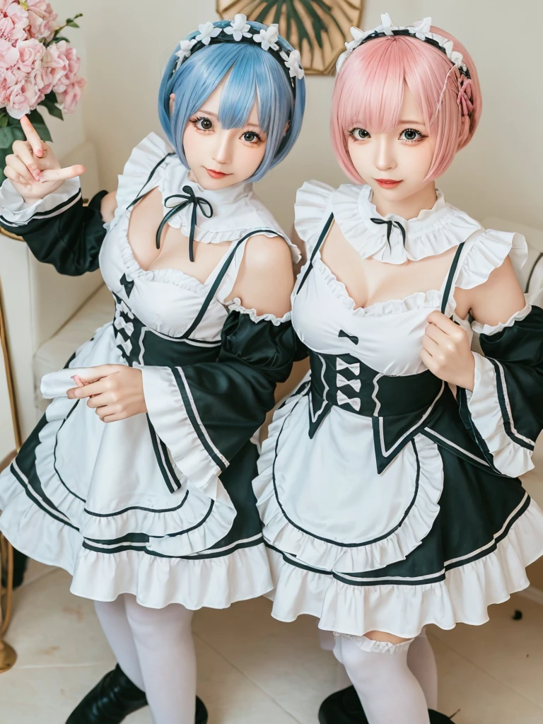 (8K, Photorealistic, Raw photo, of the highest quality: 1.3), (1girl in), Super beautiful, (Realistic face), (boyish, pink Color Berry Shorthair), Beautiful , Glare that captivates the viewer, Beautiful expression, Beautiful breasts, (Realistic skin), Be...Create a detailed and colorful image of Ram and Rem from Re:Zero, standing back-to-back in their maid outfits, with a magical fantasy background、14years old, two girls,cute, perfect face, beautiful, nice body, gothic lolita clothes, gothic lolita fashion, frilly skirt, headdress, necklace, bracelet, knee-high socks, boots, double eyelids, tear bags, Detailed down to the fingers, photo-like description, indoors, dim indoor lighting, one girl is pink hair and short bob, another girl is light blue hair and short bob,standing,whole body, composition that shows the whole body, smiling,The Both of them are wearing the same type of maid outfit,Optimal ratio of 4 fingers and 1 thumb