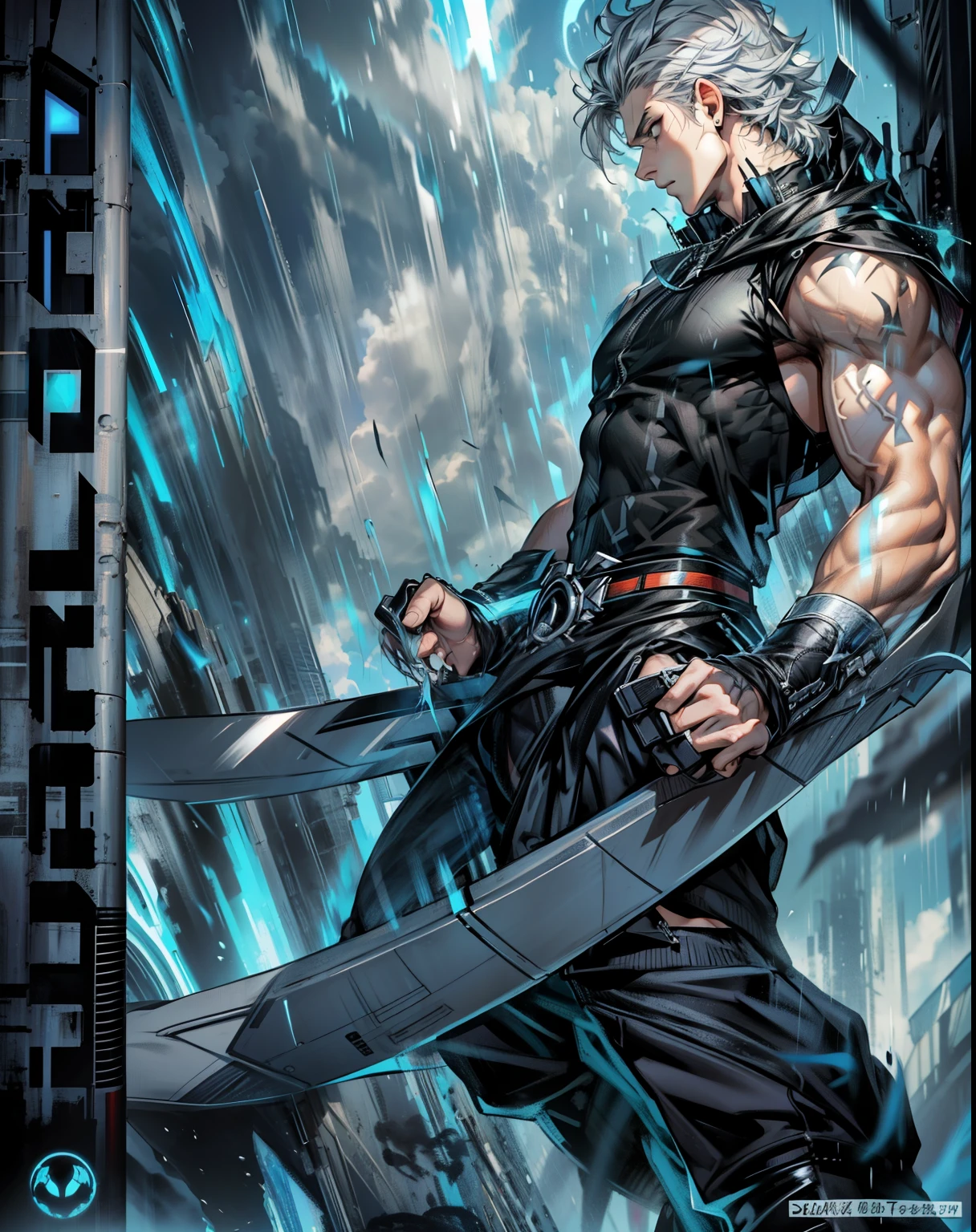 boys 26 Years old, Serious face, wearing black sleeveless shirt, black pants, gray hair, levitate on sky, blue sky, cloud