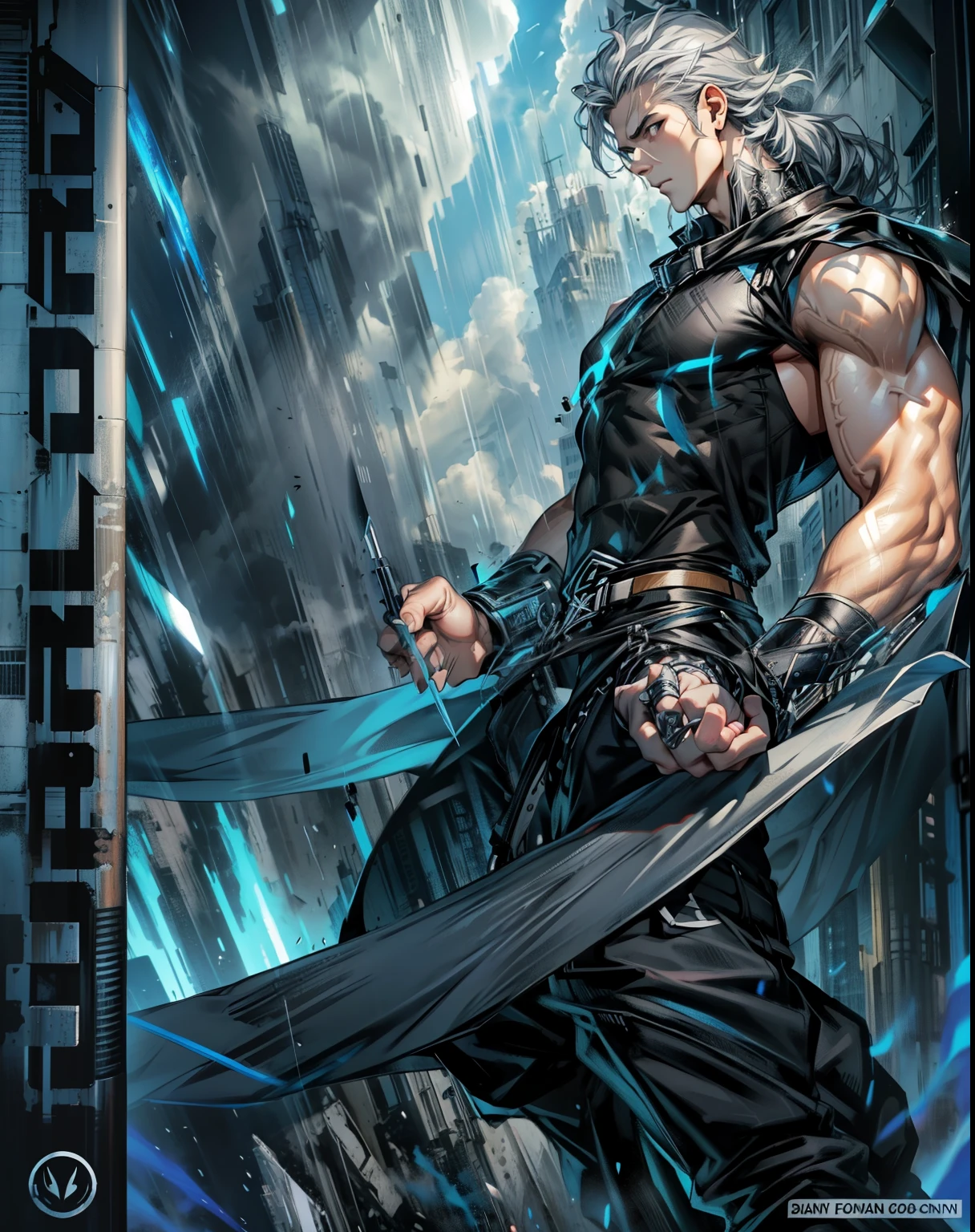 boys 26 Years old, Serious face, wearing black sleeveless shirt, black pants, gray hair, levitate on sky, blue sky, cloud