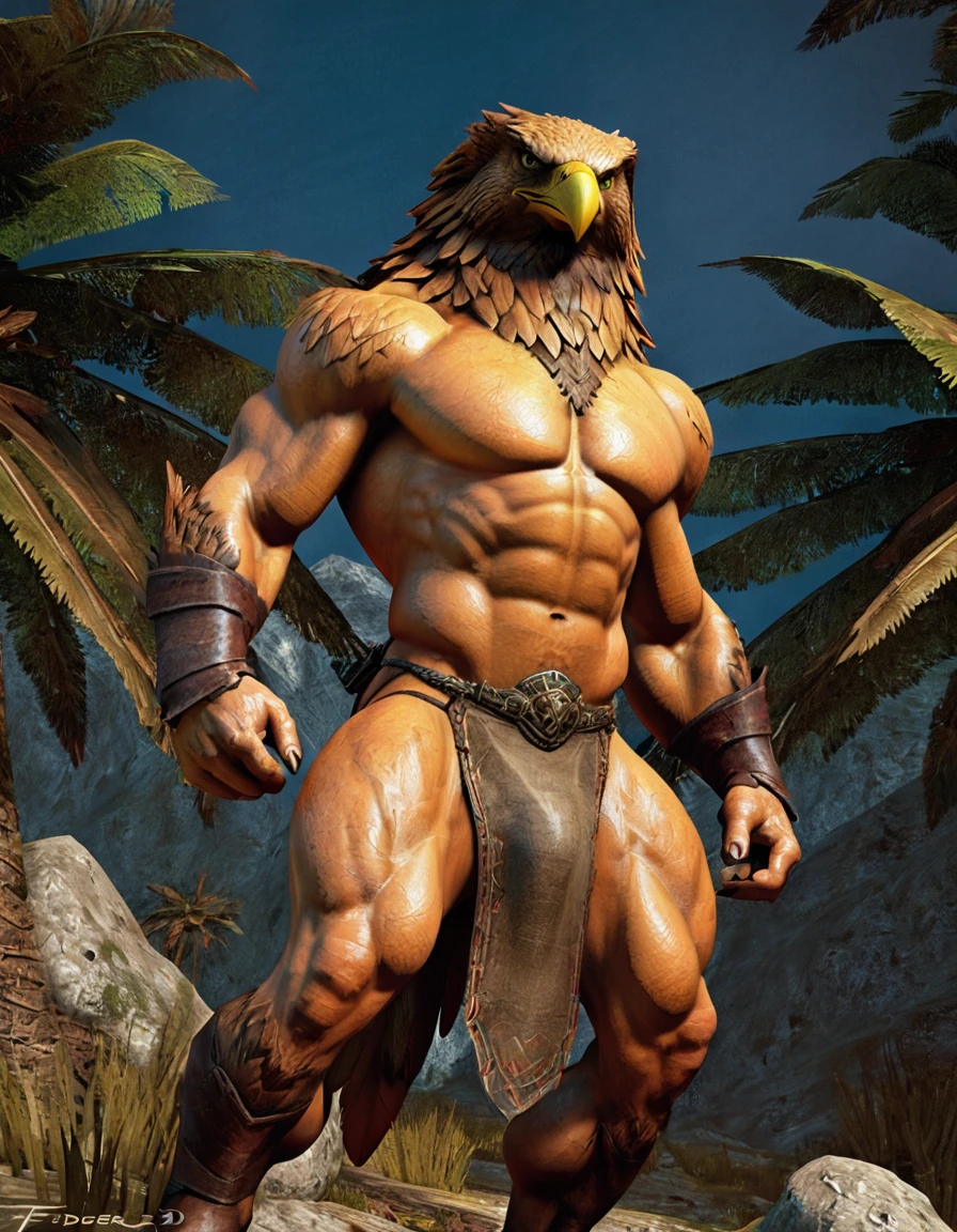 Videogame screenshot, (solo), angry muscular male anthro eagle, skimpy clothing, looking at viewer, detailed background, loincloth, masculine pose, abs, pecs, beak, by taran fiddler, 3d render