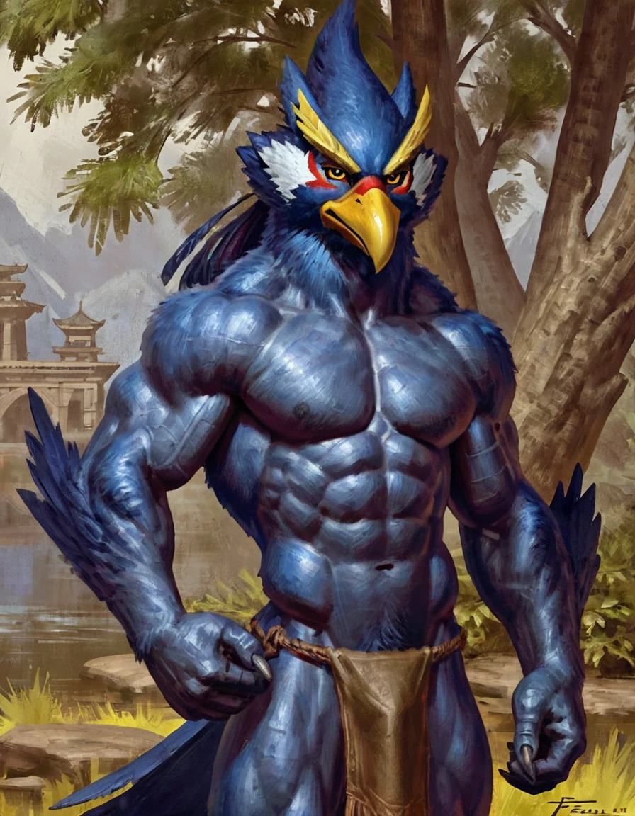 Altered beast screenshot, (solo), angry muscular male anthro revali, skimpy clothing, looking at viewer, detailed background, loincloth, masculine pose, abs, pecs, beak, by taran fiddler