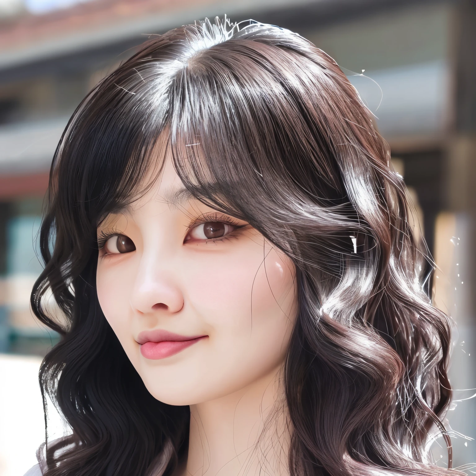 A South Korean lady with black wavy hair, curtain bangs, dark brown eyes with double eyelids and black winged liner, well structured nose, small v-shaped face, pink pouty lips tilting to the side with a small smile standing outside with sunlight falling on her left side partially