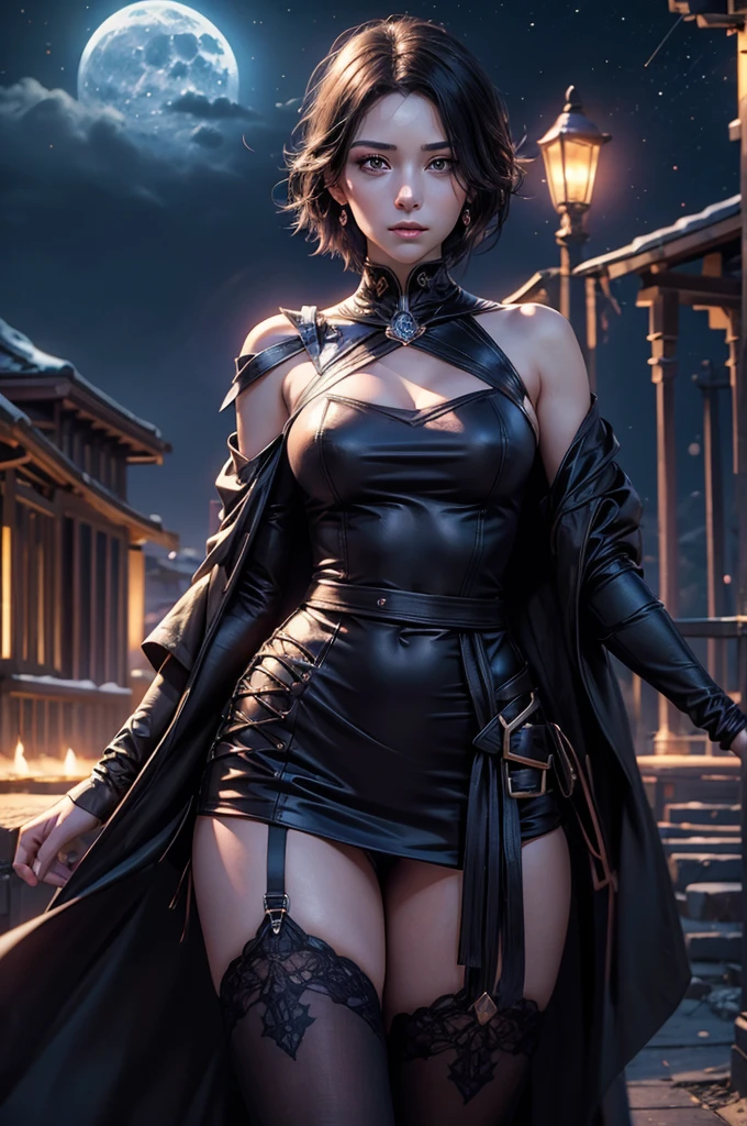 stunning girlfriend, heart shaped face, elegant face, beautiful face, highly detailed face, highly detailed skin, skin pores, subsurface scattering, realistic pupils, full lips, detailed background, depth of field, atmospheric perspective, volumetric lighting, sharp focus, absurdres, realistic proportions, good anatomy, (realistic, hyperrealistic:1.4), 16k hdr, cinderfall2023, best quality, masterpiece, 1girl, anime style, grey coat, bandages, night, stars, moonlight, standing, on mountain side, crowd