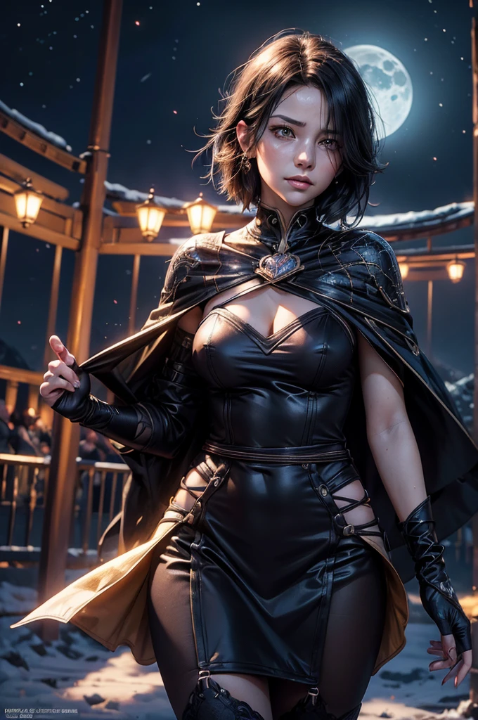 stunning girlfriend, heart shaped face, elegant face, beautiful face, highly detailed face, highly detailed skin, skin pores, subsurface scattering, realistic pupils, full lips, detailed background, depth of field, atmospheric perspective, volumetric lighting, sharp focus, absurdres, realistic proportions, good anatomy, (realistic, hyperrealistic:1.4), 16k hdr, cinderfall2023, best quality, masterpiece, 1girl, anime style, grey coat, bandages, night, stars, moonlight,  standing, on mountain side, crowd