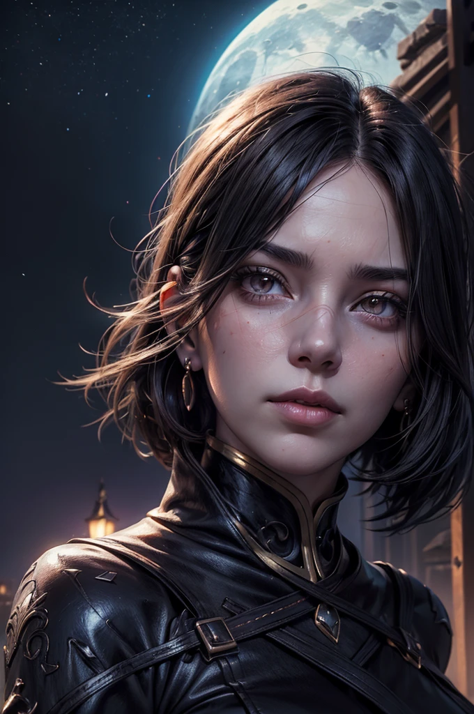 stunning girlfriend, heart shaped face, elegant face, beautiful face, highly detailed face, highly detailed skin, skin pores, subsurface scattering, realistic pupils, full lips, detailed background, depth of field, atmospheric perspective, volumetric lighting, sharp focus, absurdres, realistic proportions, good anatomy, (realistic, hyperrealistic:1.4), 16k hdr, cinderfall2023, best quality, masterpiece, 1girl, anime style, grey coat, bandages, night, stars, moonlight, standing, on mountain side, crowd