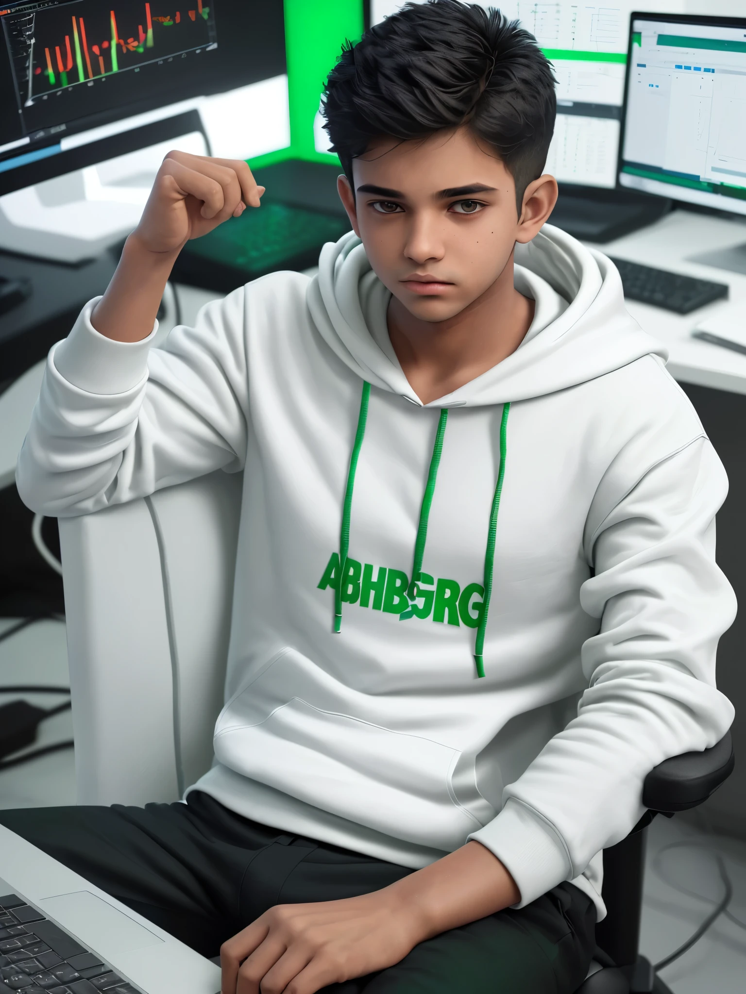 Create A 3D Realistic image of a Boy sitting in trading room on trading chair and working on application on his pc. The boy must wear white hoodie And his name "abhigyan" is Written on the hoodie with red& green colour.