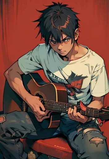 (best quality,realistic:1.37),portrait,guitar,electric,machete,red-colored,unique design style,long neck,torn pants,human male adolescent,blue pupils,stylish t-shirt,human male adolescent full body,manga style,with sticker,edgy and rebellious look