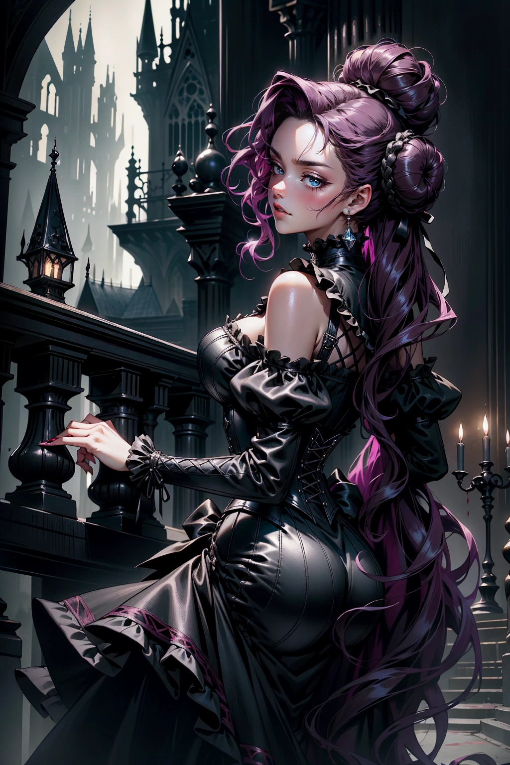 (masterpiece, top quality, best quality, official art, beautiful and aesthetic: 1.2), (1 woman: 1.3), long curly dark brown hair, ((fancy bun)), Victorian style, Victorian classic, extremely detailed, portrait, looking at the viewer, solo, (full body: 0.6), detailed background, close-up, mischievous eyes, (cold midnight castle theme: 1.1), vampire, long fangs, blood on chin, huge lips, charlatan, mischievous smile, mysterious, being seductive on the balcony, revealing gothic dress, extremely tight bodice, black costume, magenta skirts, off-the-shoulder, long sleeves, loose sleeves, black leather , cape, corset, black dress, fishnets, black high boots, buckles, straps, bags, glowing blood magic energy, dark magenta fabric, silver trim, black leather, extremely slim, slim waist, slim hips, medieval background (gothic castle exterior: 1.1), nocturnal, dark and mysterious lighting, shadows, magical atmosphere, Dancing lightly. backwadrs, Looking back. Very sexy, with chin resting on shoulder, abigail larson art style
