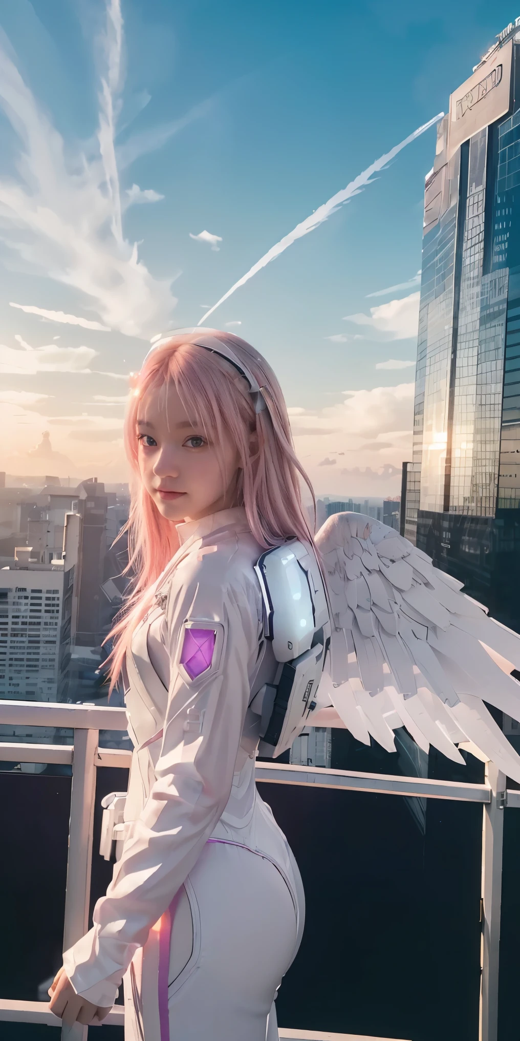 ((masterpiece, best quality, extremely detailed), volumetric lighting, ambient occlusion, colorful, glowing),
1girl, solo, young girl, (pink hair), long hair, halo, aura, sacred, godness, cyber suit, (white outfit:1.3), android, bot, angel wings,
outdoors, sunset, sky, clouds, space, (cyberpunk theme:1.2),